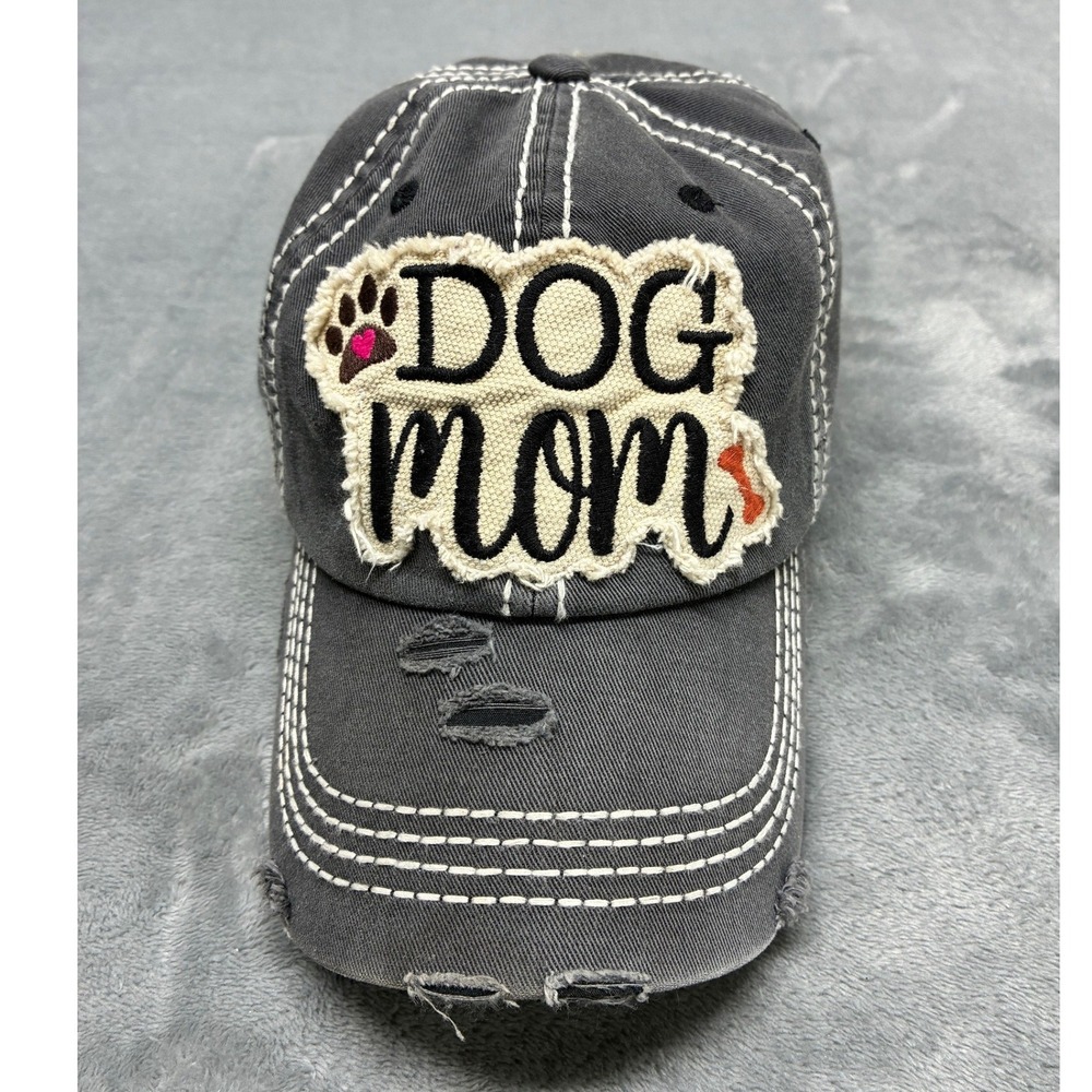Dog‎ Mom Distressed Baseball Cap Dark Gray Contrast Stitch Adjustable Hat